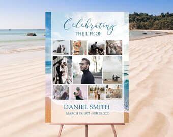 Photo Collage Beach Sea Funeral Sign Template Memorial Service Sign Funeral Welcome Sign Funeral Memorial Poster Funeral Sign #F125