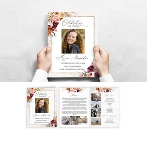 Plantilla de programa funerario plegable con hojas de otoño, programa de servicio conmemorativo naranja, programa de obituario tamaño carta doble 8.5"x11" F16
