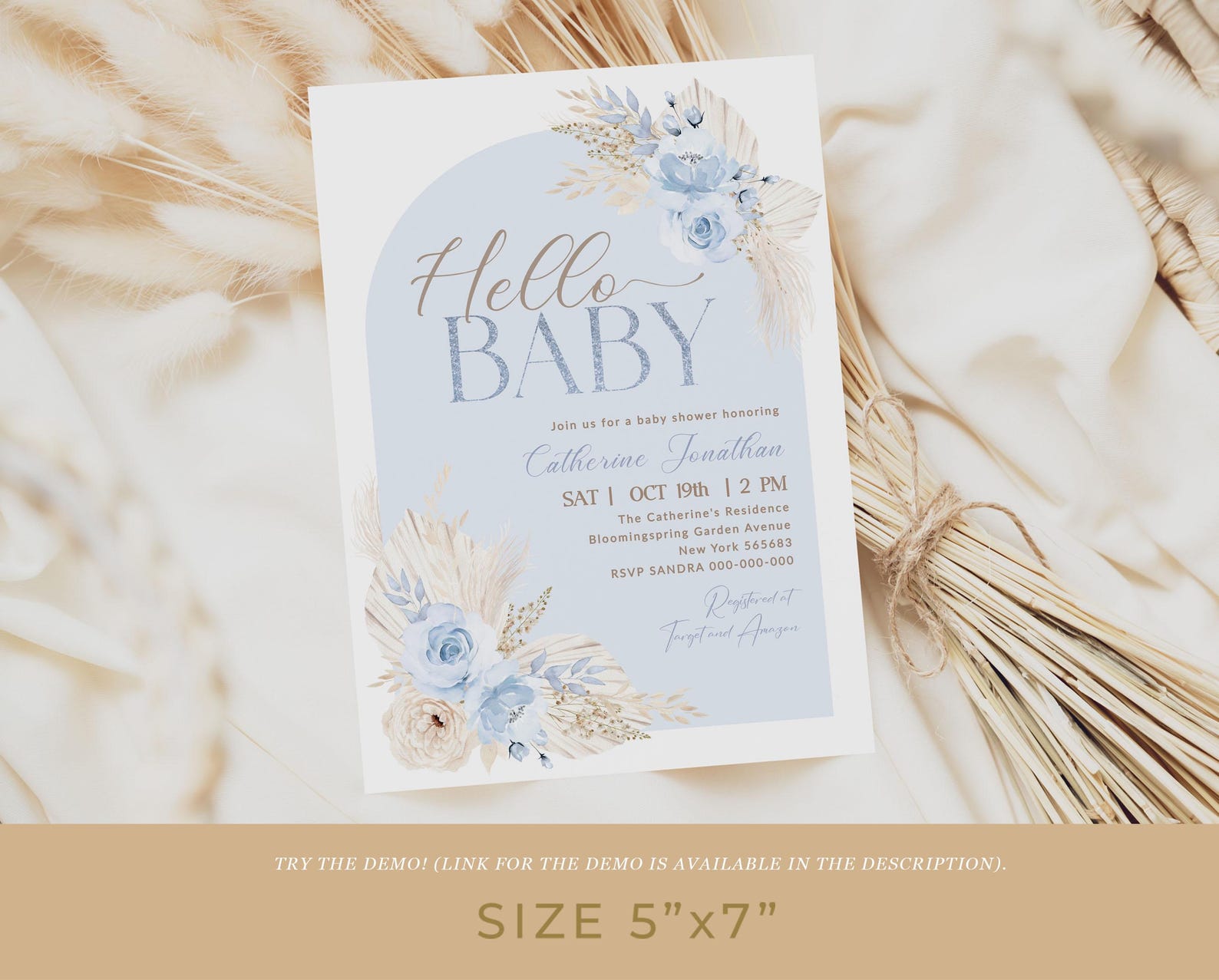 EDITABLE Blue Floral Pampas Grass Boho Baby Shower Invitation Template ...