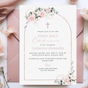Modèle d'invitation de première communion pour filles, première communion de fleurs sauvages roses, invitation imprimable, téléchargement immédiat, invitation modifiable, #HC84