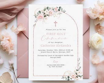 Modèle d'invitation de première communion pour filles, première communion de fleurs sauvages roses, invitation imprimable, téléchargement immédiat, invitation modifiable, #HC84