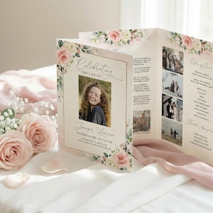 Editable funeral program template blush white roses, pink floral memorial service program, obituary program bi-fold 8.5”x11” Letter Size F21