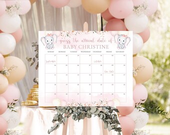 May include: A baby shower calendar with the text "Guess the arrival date of BABY CHRISTINE." The calendar features a pink and white watercolor design with floral and elephant illustrations. The calendar includes dates for September and October.