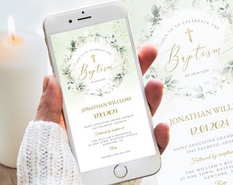 Digital Baptism Text Invitation Template, Greenery Baptism, Green Baptism Text Invite, Editable, Electronic, Instant Download Evite #BP53
