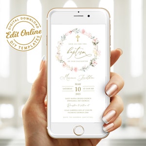 This is an editable smartphone baptism invitation/ announcement template with boho pink flower that you can instantly edit, download and print yourself. This does not require any program or fonts to download.