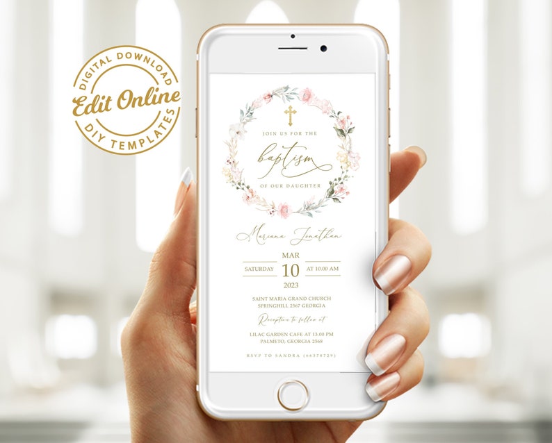 This is an editable smartphone baptism invitation/ announcement template with boho pink flower that you can instantly edit, download and print yourself. This does not require any program or fonts to download.