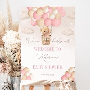 Editable Teddy Bear Baby Shower Welcome Sign, Bear Themed Baby Shower Welcome Sign, Printable Pink Balloon Girl Baby Shower Party Sign
