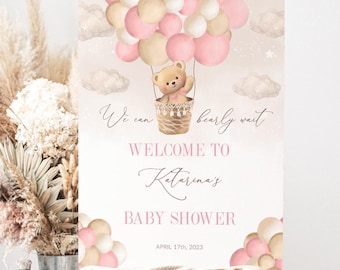 Panneau de bienvenue de bébé modifiable thème ours en peluche rose, panneau We Can Bearly Wait, panneau de bienvenue pour baby shower, montgolfières ours, instantané # BB58