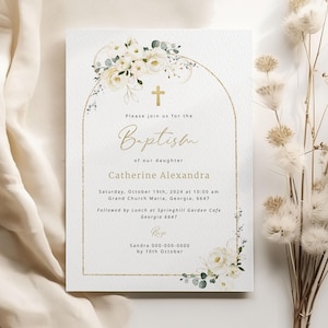 Modèle d'invitation de baptême, fleurs blanches, modifiable, carte d'invitation de baptême arche blanche imprimable, baptême rustique, téléchargement immédiat, #BP86