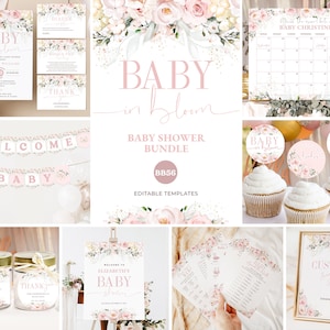 Baby in Bloom Baby Shower Invitation Bundle Printable, Pink Blush Baby Shower Invitation Editable Games, Floral Baby Shower Decoration #BB56