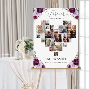 Cartello di benvenuto per funerale con collage di cuori, modello di collage fotografico a forma di cuore con rosa viola, cartello per servizio funebre, poster commemorativo per funerale a forma di amore F26A