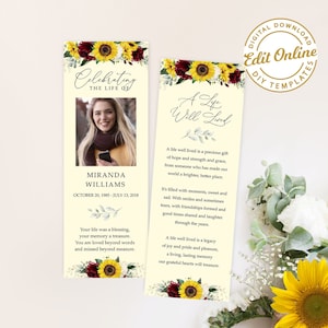 Editable Yellow Sunflower Funeral Bookmark Template Yellow Floral Memorial Bookmark Funeral Keepsake Funeral Bookmark Printable 2,5&quot;x7&quot; #F48