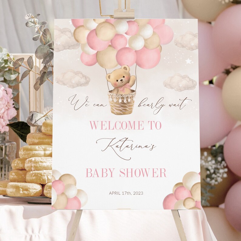 Editable Teddy Bear Baby Shower Welcome Sign, pink balloon Baby Shower Welcome Sign, Baby Shower Poster pink teddy bear welcome sign