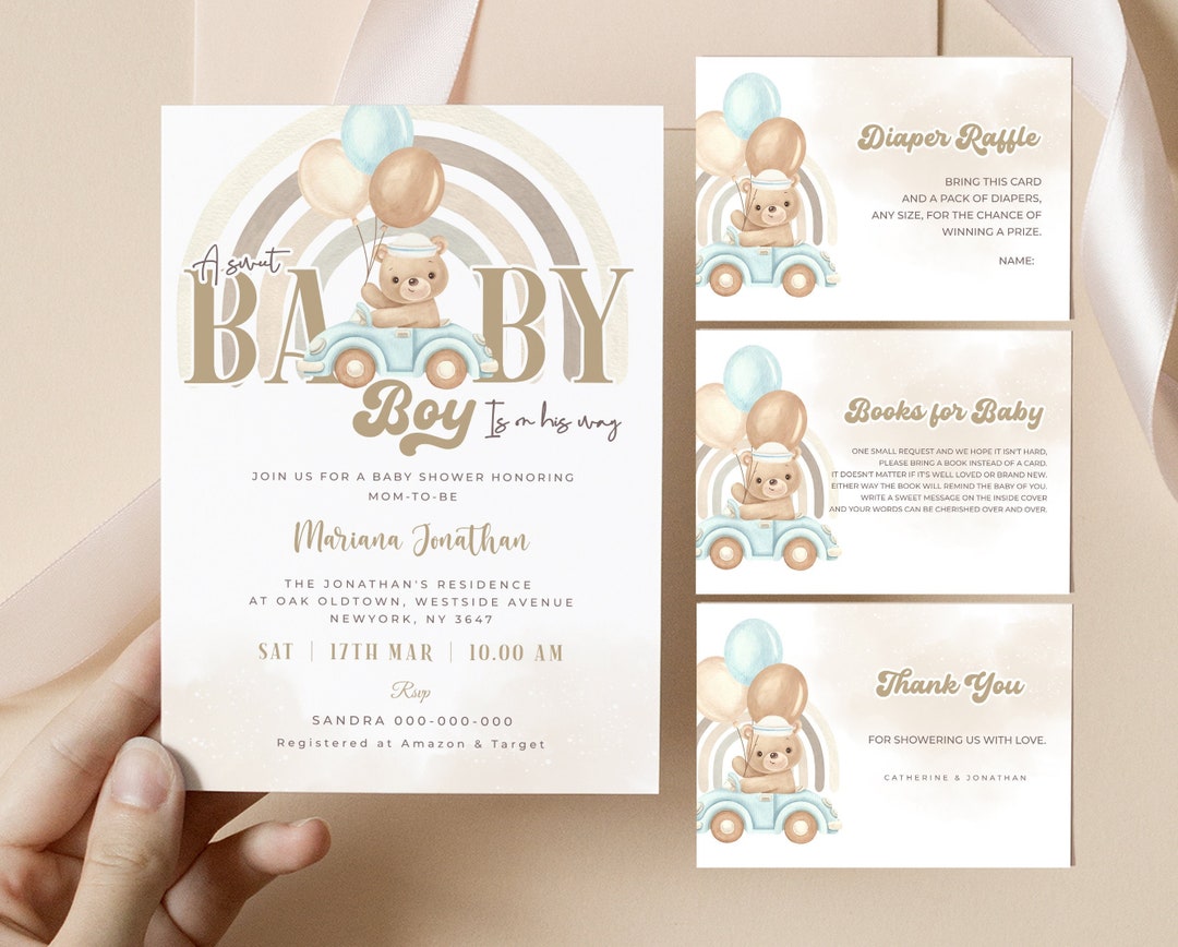Editable Bear Baby Shower Invitation Template, Baby Boy is on His Way ...
