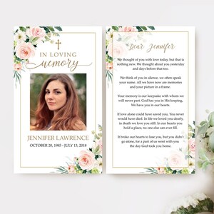 Editable funeral prayer card template pink blush roses, floral memorial prayer card, funeral prayer card printable 2"x3.5" &3"x5" F40