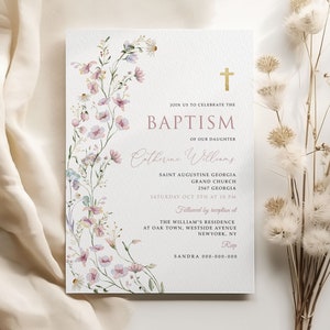 Modello di invito per battesimo per bambine, battesimo con fiori di campo rosa, invito per battesimo stampabile, download immediato, invito per battesimo per neonati, #BP56