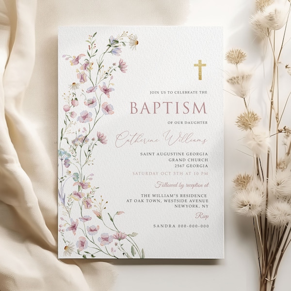 Girls Baptism Invitation Template, Pink Wildflower Baptism, Printable Baptism Invite, Instant Download, Baby Christening Invitation, #BP56