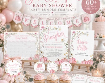 Baby Shower Bundle, Pink Pumpkin Fall Invitation Templates, Editable Party Signs and Games