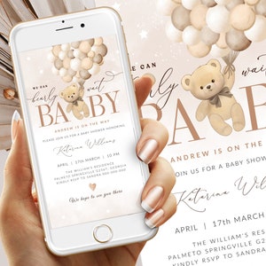 Plantilla de invitación para baby shower con globos de oso digital, invitación neutral de género, evita, editable #BB263