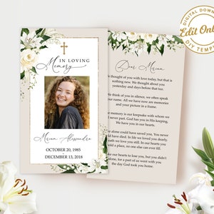 Editable Funeral Prayer Card, Printable Memorial Prayer Card Template, White Lily Prayer Card, Celebration of life, Prayer Card  #F25