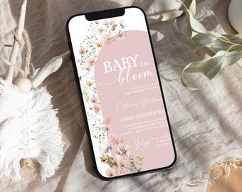 Editable Baby In Bloom Baby Shower Invitation Template Smartphone Baby Shower Evite, Digital Pink Wildflower Girl Baby Shower Template #BB88