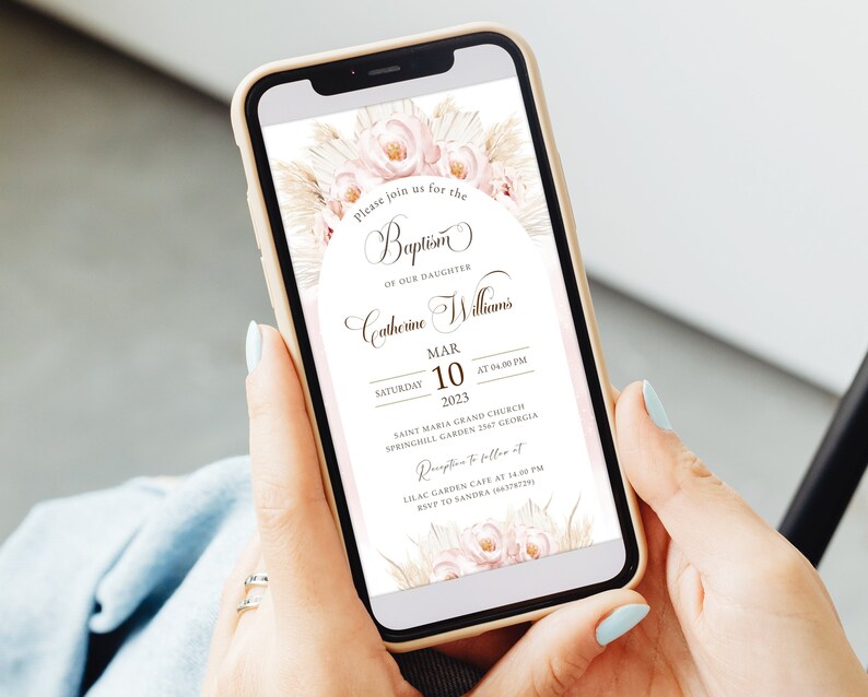 Digital Baptism Text Invitation Template Pampas Grass Blush Pink Digital Baptism Text Invitation Template Pampas Grass Blush Pink