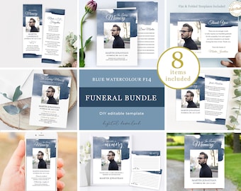 Funeral bundles Template, Funeral Service Template, Celebration of Life, In Loving Memory, Memorial Service Bundle Blue Watercolor #F14