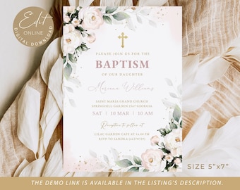 May include: A white and pink floral baptism invitation with gold accents. The invitation features a cross, the text "Baptism", and the name "Mariana Williams". The invitation is 5 inches by 7 inches.