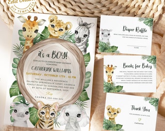 May include: It's a Boy! Baby shower invitation with a jungle theme. The invitation features a watercolor illustration of a giraffe, zebra, lion, tiger, elephant, and hippo. The text on the invitation reads "It's a Boy!" and includes the baby's name, date, time, and location. There are also three cards for a diaper raffle, books for baby, and a thank you card.