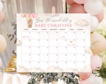 May include: A baby shower calendar with a pink and white design. The calendar features a teddy bear in a hot air balloon, clouds, and the text "Guess the arrival date of BABY CHRISTINE." The calendar grid is for September and October.