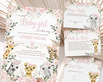 Girl Safari Animal Baby Shower Invitation, Safari Jungle Baby Shower, Pink Baby Girl Safari Animals Baby Shower Invitation Template #BB65