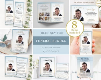 Editable Blue Sky Heaven Funeral Bundle template, Blue celebration of life bundle, printable in loving memory package Instant Download #F118