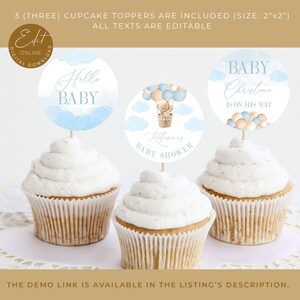 Bearbeitbarer Bär Blaue Luft Heißballon-Babyparty Cupcake Toppers, Blaue Babyparty Cupcake Toppers, Sofortiger Download, Digitale Vorlage #BB42