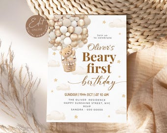 Teddy Bear First Birthday Invitation, Beary First Birthday Invite, Boho Bear 1st Birthday Boy, Editable Printable Template BD28