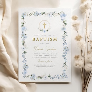 Modèle d'invitation de baptême, fleurs bleues rustiques, modifiable, carte d'invitation de baptême bleue imprimable, baptême rustique, téléchargement immédiat #BP143