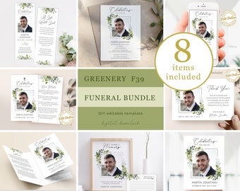 Paquete funerario con vegetación, paquete conmemorativo, plantillas para celebrar la vida, paquete "In Loving Memory", letrero funerario editable, F39