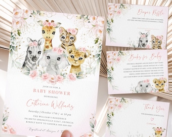 Editable Girl Pink Safari Baby Shower Invitation Template, Pink Safari Jungle Baby Shower Invite, Girl Safari Animals Baby Shower #BB47