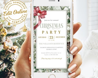 May include: A smartphone displays a Christmas party invitation. The invitation features a festive design with a red bow, pine branches, and the text "CHRISTMAS PARTY" with the date and time. The phone is held in a hand.