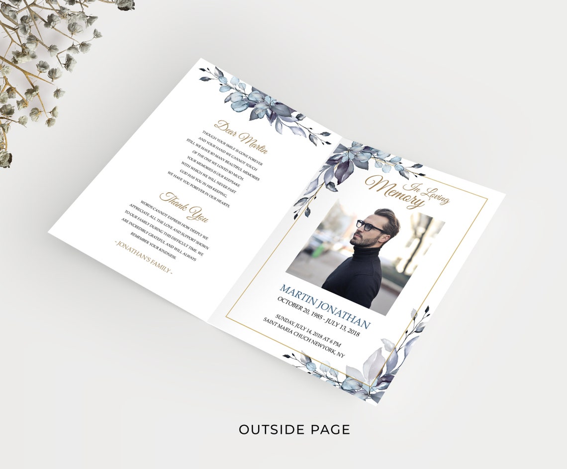 Blue Leaves Editable Funeral Program Template Floral Memorial Service ...