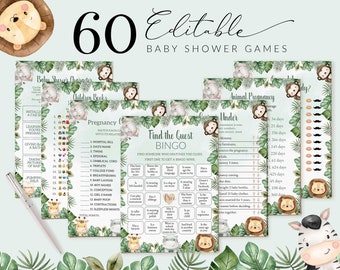 Plantilla de paquete de juegos para baby shower de safari. Juegos editables para baby shower de safari. Descarga instantánea. Juegos imprimibles. Safari #BB45