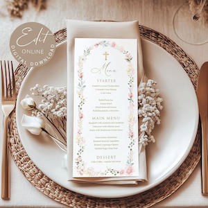 Modello di menu per il BATTESIMO, menu per la cena della Prima Comunione, modello di menu per il battesimo di Wildflower Girl, stampabile e modificabile #BP31