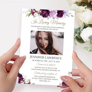 Modèle d'invitation aux funérailles pour faire-part pour les funérailles Invitations florales de célébration de la vie de fleurs mauves imprimables pour le service commémoratif #F26