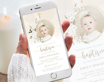 May include: A digital invitation for a baptism with a white floral wreath and a photo of a baby girl in a white dress. The text reads "Kindly join us for the baptism of our daughter Emily Jonathan" and includes the date, time, and location of the event.
