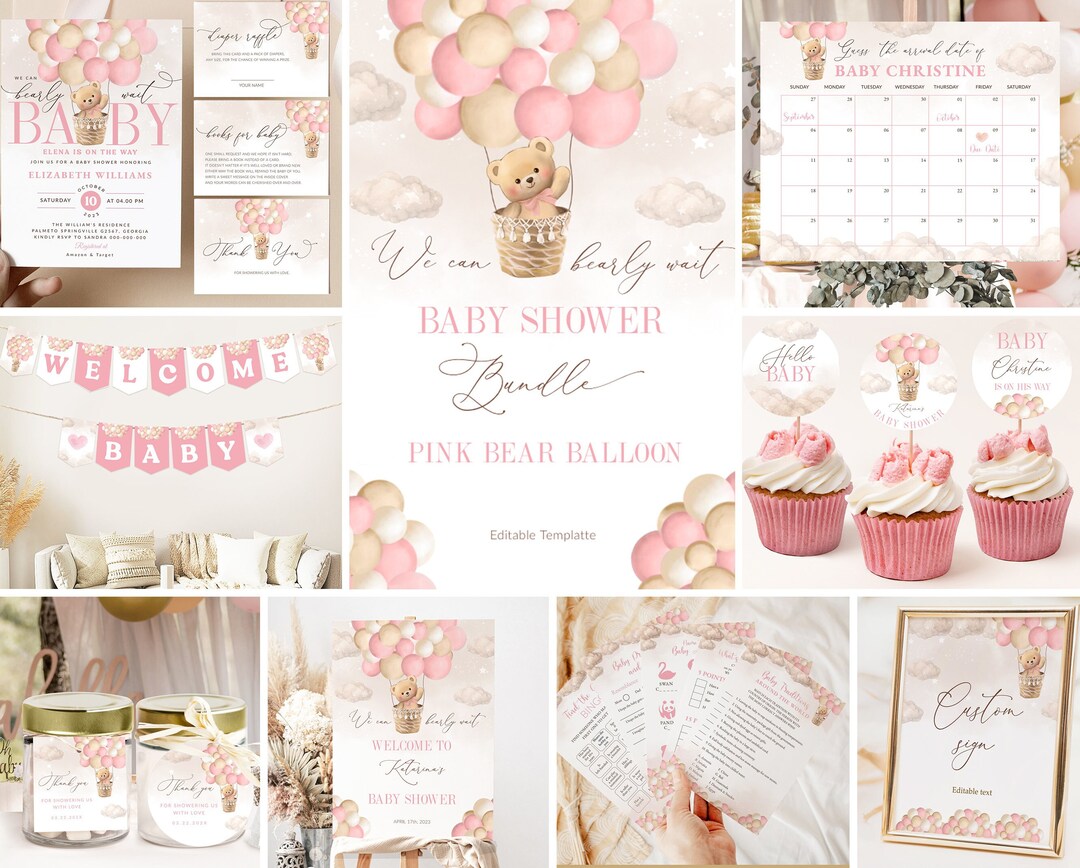 Pink Bear Baby Shower Bundle Air Balloon Invitation Bundle Pink Girl ...