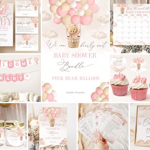 Paquete de invitación para baby shower con globos aerostáticos y osos rosados, paquete de juego para baby shower imprimible con niña rosa, decoración instantánea con globos y osos #BB58