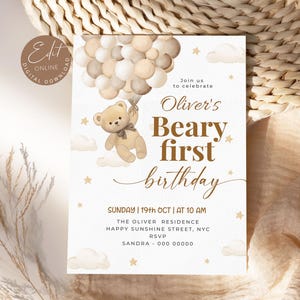 Invito modificabile per il primo compleanno di Beary, invito neutro per il primo compleanno di Beary, invito per il primo compleanno Boho, invito per il compleanno di Beary Brown Balloon BD19
