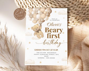 Faire-part premier anniversaire Beary modifiable, 1er anniversaire ours en peluche neutre inviter premier anniversaire Beary Boho, anniversaire ours ballon brun BD19