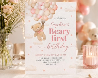 Editable Beary First Birthday Invitation, 1st Birthday Invite, Bear Girl Pink Balloon Birthday Invitation, PinkBaby Birthday, Template #BD22