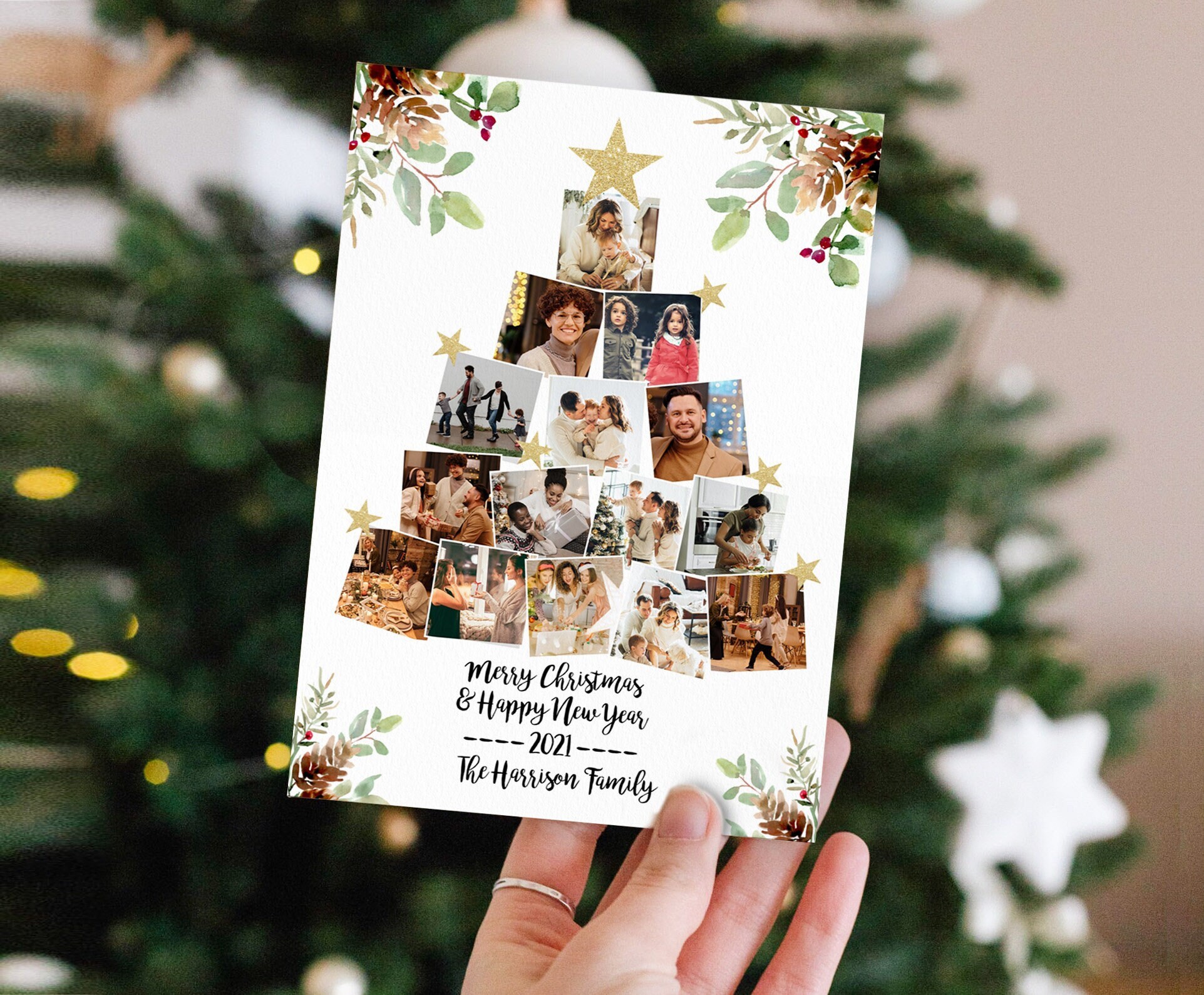Tree Photo Cards Merry Christmas Photo Collage Card Template Christmas Tree Holiday Card ...