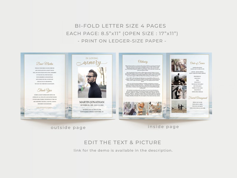 Large Bifold Program Letter Bi-fold Funeral Program Template Blue Sky Heaven, Large Memorial ...